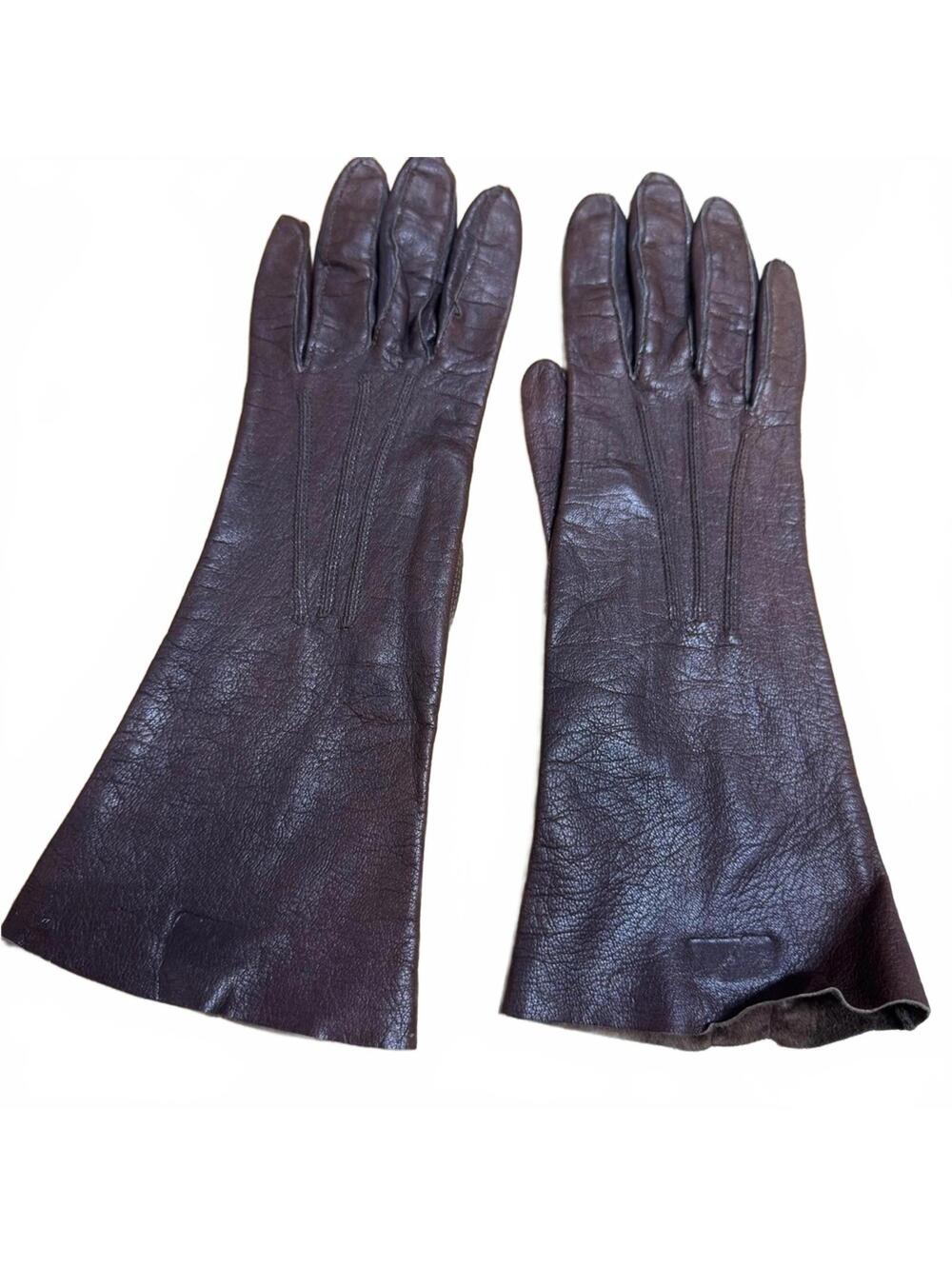 Vintage 1950s Women’s Brown Leather Long Gloves – Size 6.5, TC Stamp